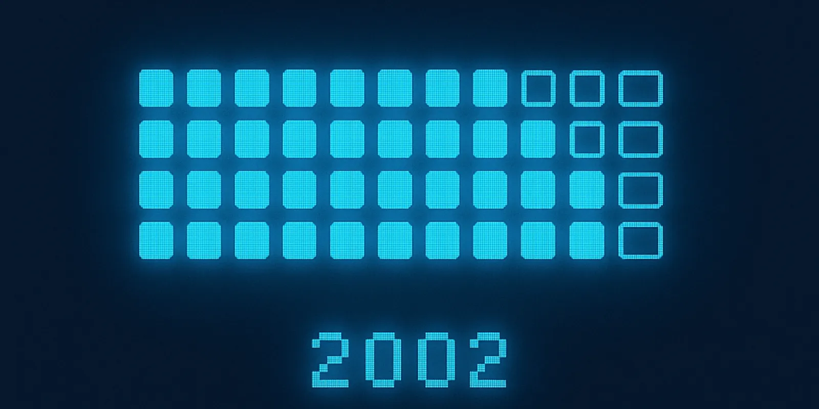 A dense vertical grid of small phone-screen rectangles drawn in luminous keypad-backlight blue on a near-black ground, most screens lit, thinning to unlit outlines toward the right edge, with the numerals 2002 rendered in coarse backlit pixels