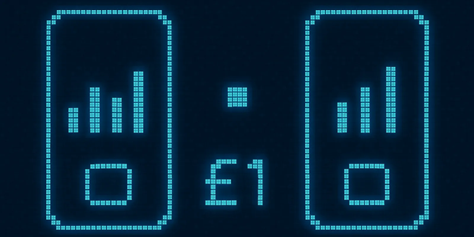 A waveform of stepped bars split across two schematic phone-screen rectangles, one bar passing between them, drawn as luminous keypad-backlight blue pixels on a near-black ground, with the numeral £1