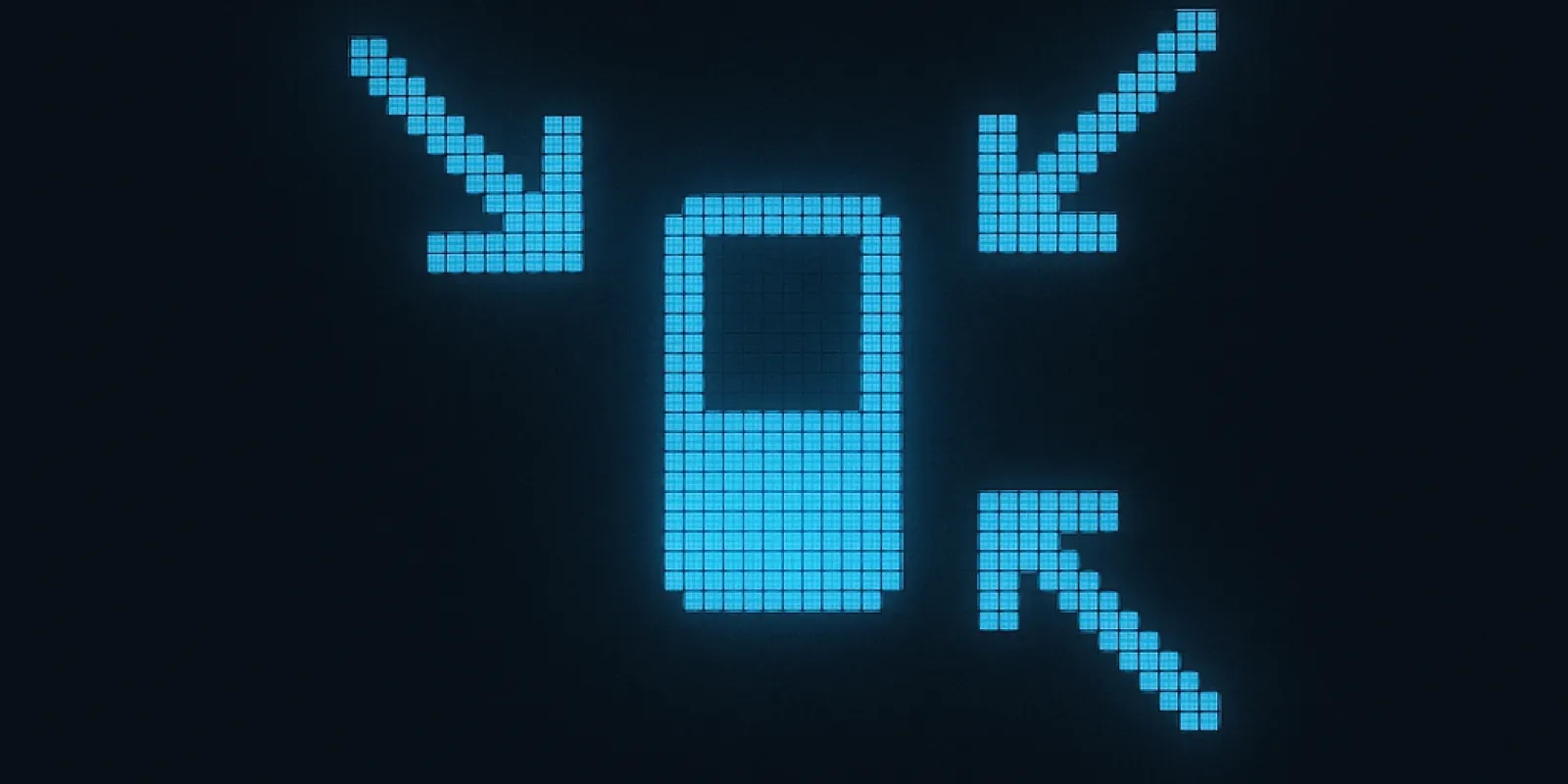 Three arrows drawn in luminous keypad-backlight blue converge on a small phone silhouette from three directions, each arrow broken by a gap before it reaches the phone, rendered as coarse backlit pixels on a near-black ground